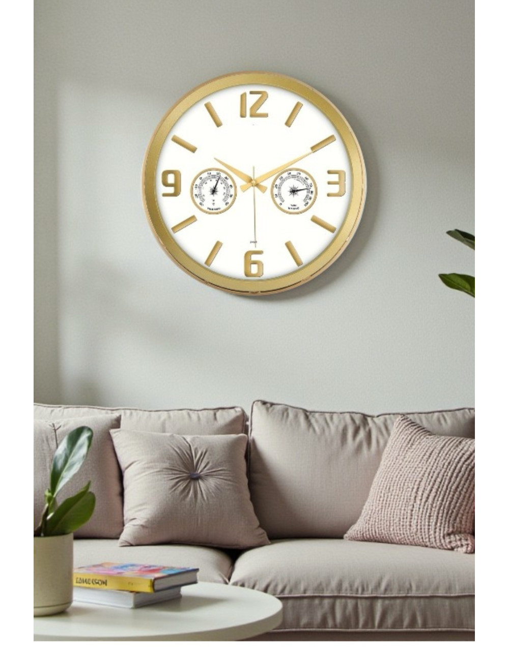 Giftable Decorative Gold Round Wall Clock with Hygrometer and Thermometer for Living Room, Office, Workplace, 38*38 CM
