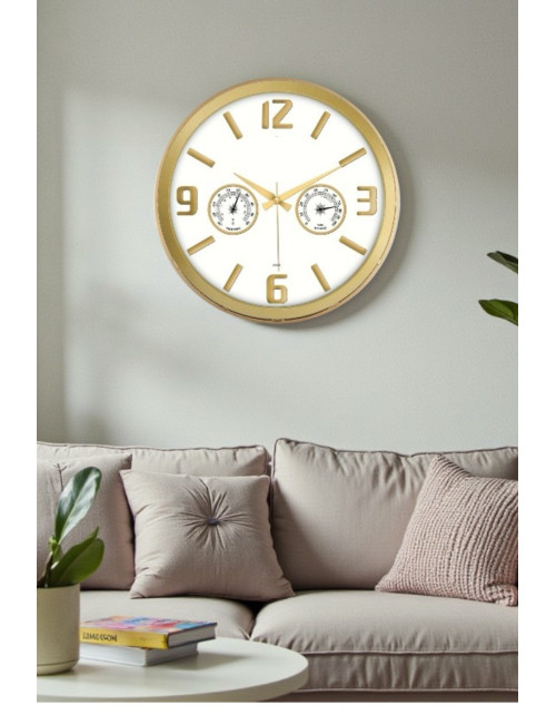 Giftable Decorative Gold Round Wall Clock with Hygrometer and Thermometer for Living Room, Office, Workplace, 38*38 CM