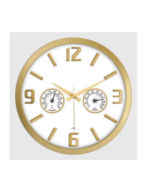 Giftable Decorative Gold Round Wall Clock with Hygrometer and Thermometer for Living Room, Office, Workplace, 38*38 CM