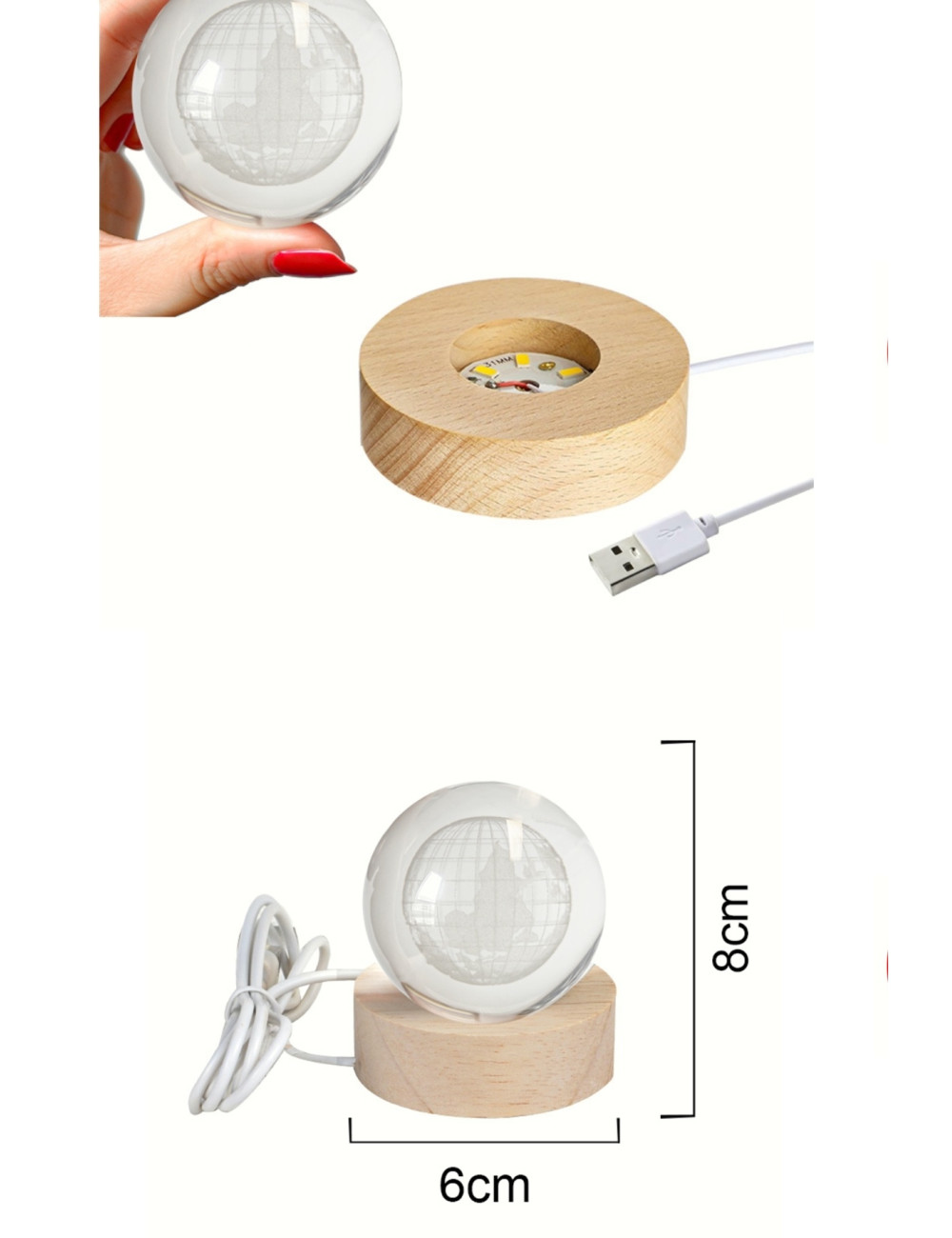 3D Kristal Dünya Haritası Cam Küre Led Işıklı Ahşap Standlı Tavana Işık Yansıtmalı USB Gece Lambası