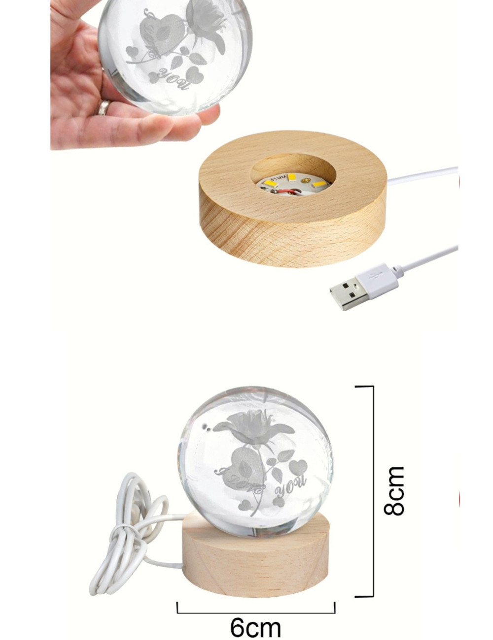 3D Kristal I Love You Cam Küre Led Işıklı Ahşap Standlı Tavana Işık Yansıtmalı USB Gece Lambası