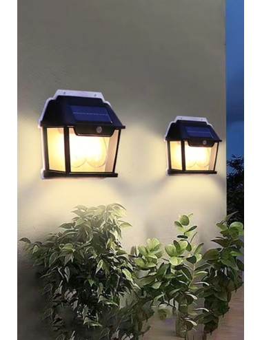 Sensörlü Rustik 2 Ampullu Güneş Enerjili Bahçe Balkon Teras Aydınlatması Lambası Solar Aplik Armatür