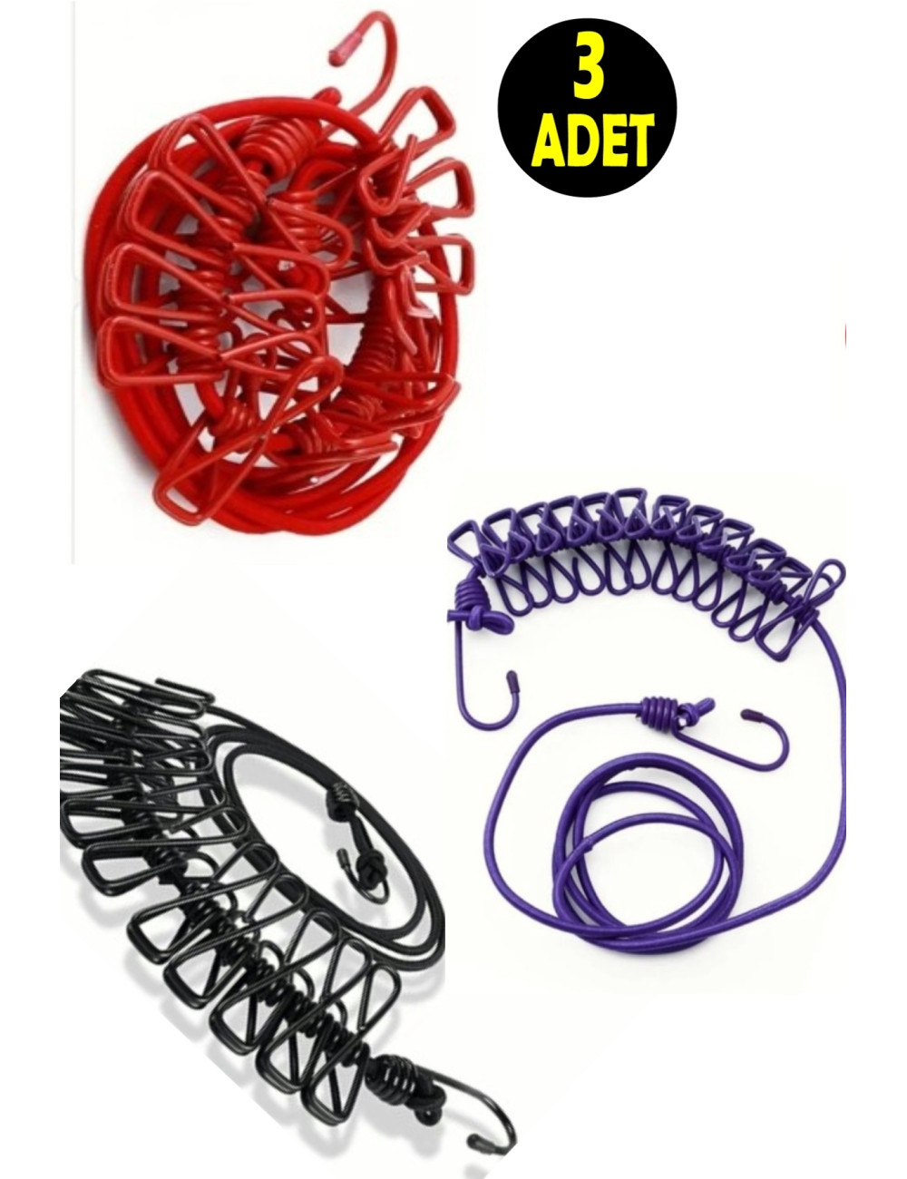3 Pieces 12 Clips Portable Elastic Balcony Hallway Home Corridor Bedroom Office Clothesline