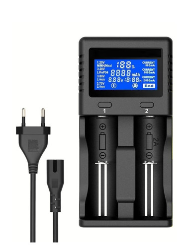 Dual Charge Level and Voltage Indicator Fast Charging Device for 18650, 26650, 14500 AA, and AAA Batteries.