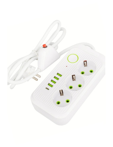 شريط طاقة ثلاثي الاتجاهات مزود بـ 4 منافذ USB ومنفذ Type-C واحد، وكابل بطول 1.5 متر، وحماية من التيار العالي والصواعق.