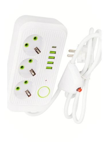 شريط طاقة ثلاثي الاتجاهات مزود بـ 4 منافذ USB ومنفذ Type-C واحد، وكابل بطول 1.5 متر، وحماية من التيار العالي والصواعق.
