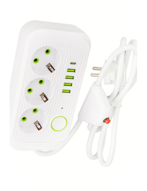Anahtarlı 4*USB 1 *Type-C Çıkışlı 1,5 M. Kablolu Yüsek Akım Şok Yıldırım Korumalı 3 Lü Grup Priz