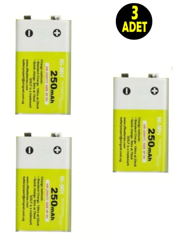 3 Adet 250 Mah Şarjlı 9v Pil Şarj Edilebilir 9 Volt Çift Başlı Kare Oyuncak Araba Drone Kumanda Pili