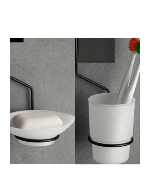 Siyah Yapışkanlı Wc Banyo Askılı Lüks Katı Sabunluk + Diş Fırçalık Diş Fırçası Diş Fırçalığı Diş