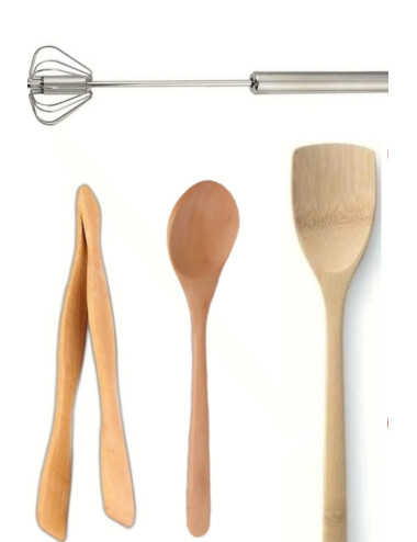 Steel Egg Whisk, Yogurt Drink, Sauce Whisk, Hand Mixer + Wooden Spatula + Spoon + Tongs Set