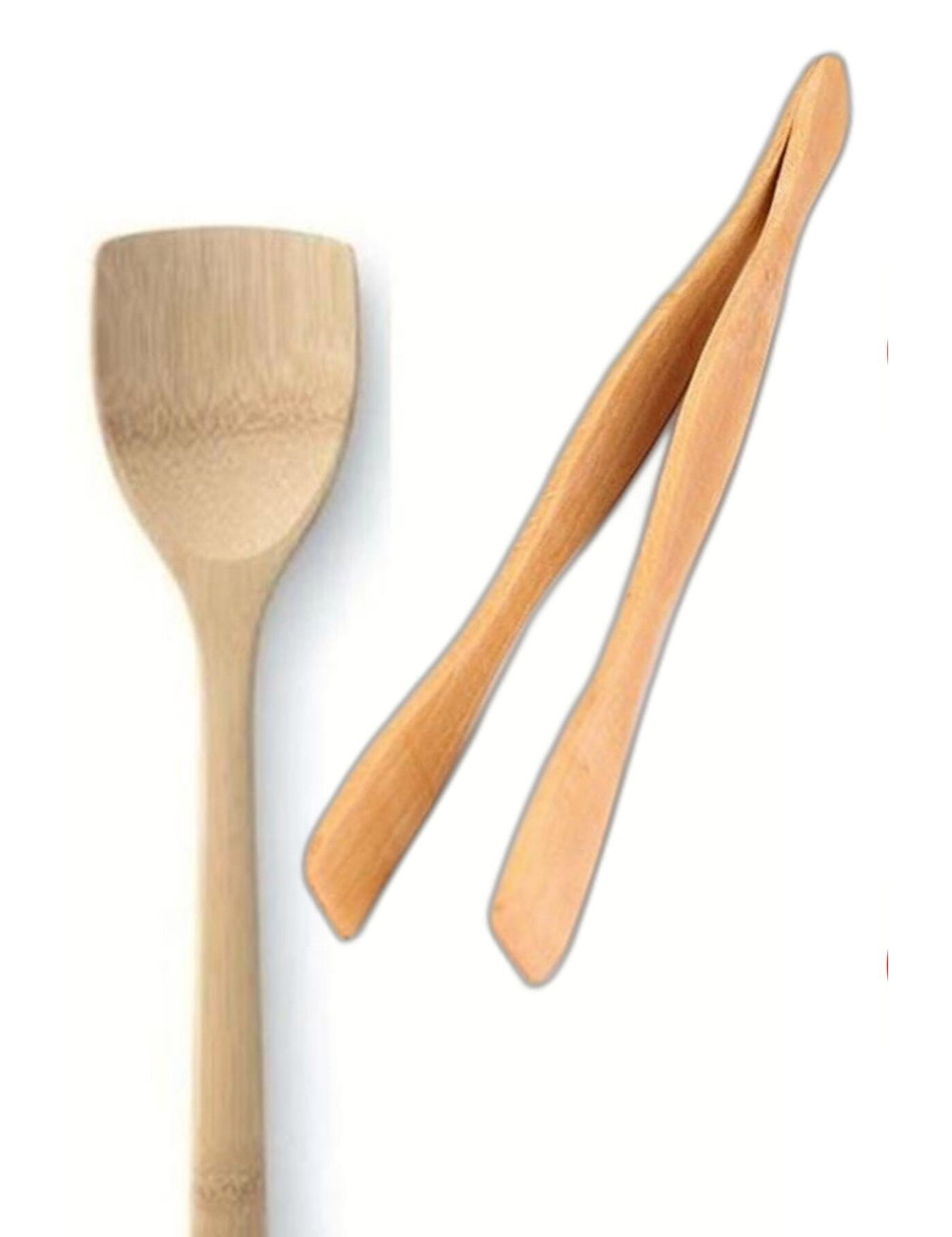 2 Li Takım Ahşap Mutfak Sunum Servis Pişirme Barbekü Et Çevirme Maşası + Hazırlık Pişirme Spatula