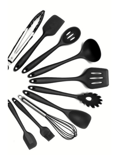 10-Piece Silicone Kitchen Set for Cakes and Pans (Non-Flammable): Silicone Ladle, Whisk, Strainer, Brush, Spoon, Tongs, Spatula.