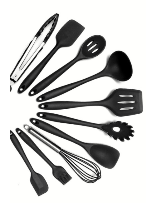 10-Piece Silicone Kitchen Set for Cakes and Pans (Non-Flammable): Silicone Ladle, Whisk, Strainer, Brush, Spoon, Tongs, Spatula.