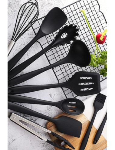 10-Piece Silicone Kitchen Set for Cakes and Pans (Non-Flammable): Silicone Ladle, Whisk, Strainer, Brush, Spoon, Tongs, Spatula.