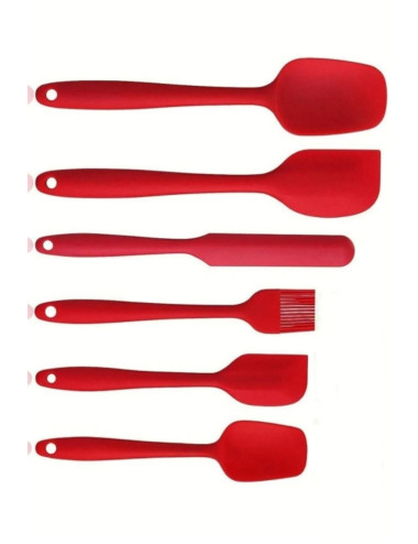 طقم مطبخ أحمر مكون من 6 قطع من السيليكون غير القابل للاشتعال: طقم كيك، فرشاة بيض، ملعقة، سكين، ملعقة مسطحة.