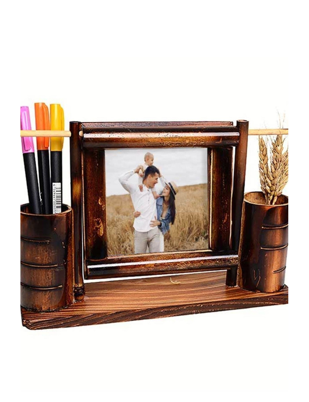 Gift Wooden Bamboo Swing Desktop Photo Frame Pen Holder