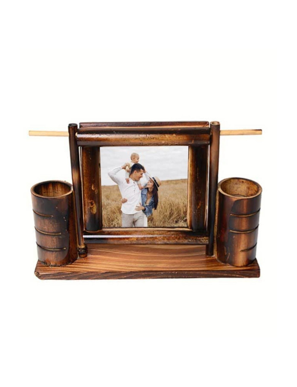 Gift Wooden Bamboo Swing Desktop Photo Frame Pen Holder