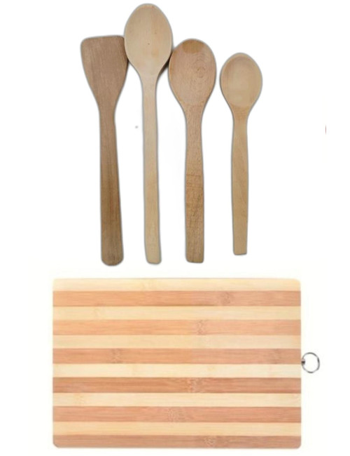 Wooden Bamboo Meat and Bread Cutting Board + 1 Spatula + 3 Spoons of Different Sizes Set