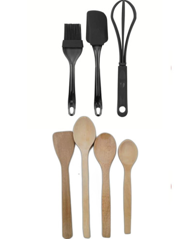 Silicone Spatula, Silicone Egg Brush, Plastic Whisk, 4-Piece Wooden Spoon and Spatula Set
