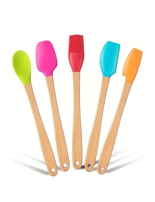 5-Piece Silicone Non-Flammable Kitchen, Cake, Wooden Silicone Egg Brush, Spoon, and Spatula Set - 21*3 cm