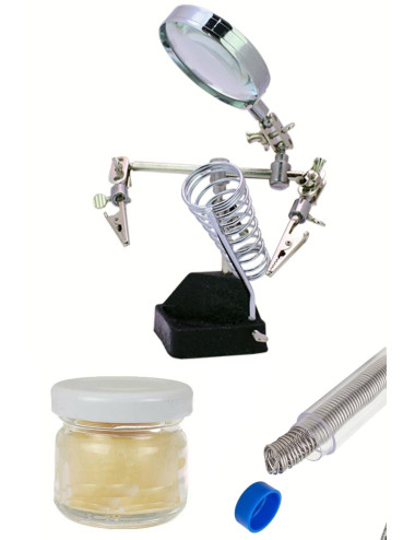 3 Konum Büyüteçli Tamir Havya Lehim Standı +50 Gram Cam Lehim Pastası + 10 Gram 1.0 Mm Lehim Teli