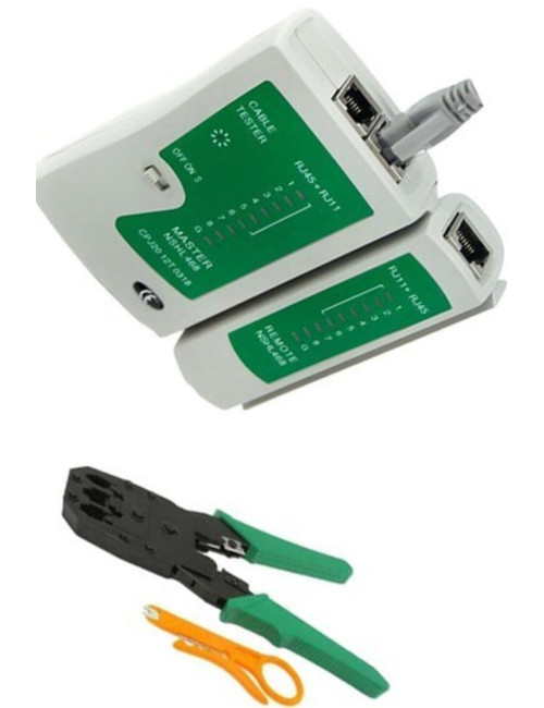 كماشة تجعيد كابلات بيانات الهاتف RJ45 Cat5 Cat6 + جهاز اختبار + 100 قطعة من موصلات RJ45 + أداة تعرية الكابلات