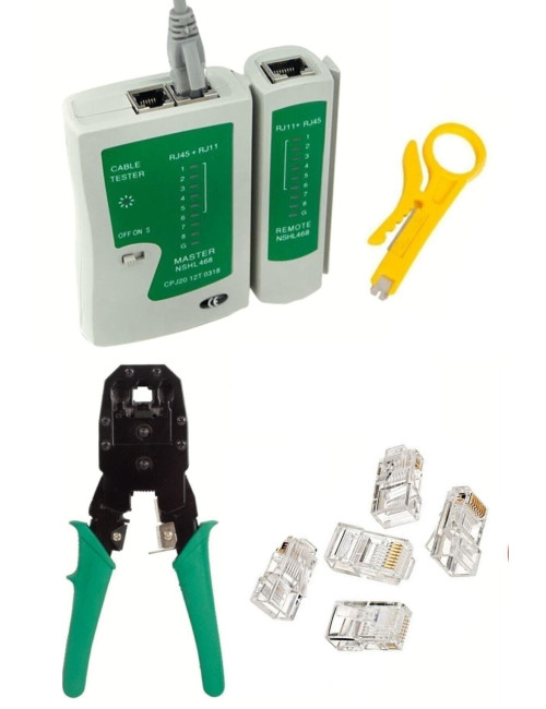 كماشة تجعيد كابلات بيانات الهاتف RJ45 Cat5 Cat6 + جهاز اختبار + 100 قطعة من موصلات RJ45 + أداة تعرية الكابلات