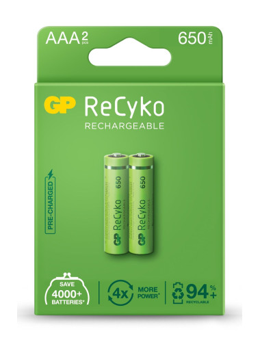 بطارية Recyko 650 AAA رفيعة قابلة لإعادة الشحن من نوع Ni-MH، 1.2 فولت، عبوة من قطعتين