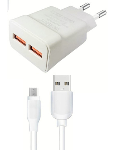 شاحن هاتف محمول بمنفذي USB + كابل شحن ونقل بيانات Micro USB بقوة 2 أمبير