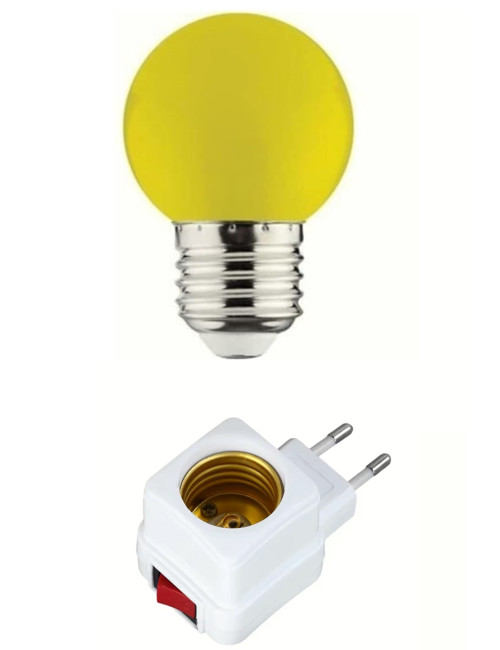 مقبس كهربائي مزود بمفتاح تشغيل/إيقاف + مصباح ليلي LED موفر للطاقة بقوة 1 واط، لون أصفر، قاعدة E27