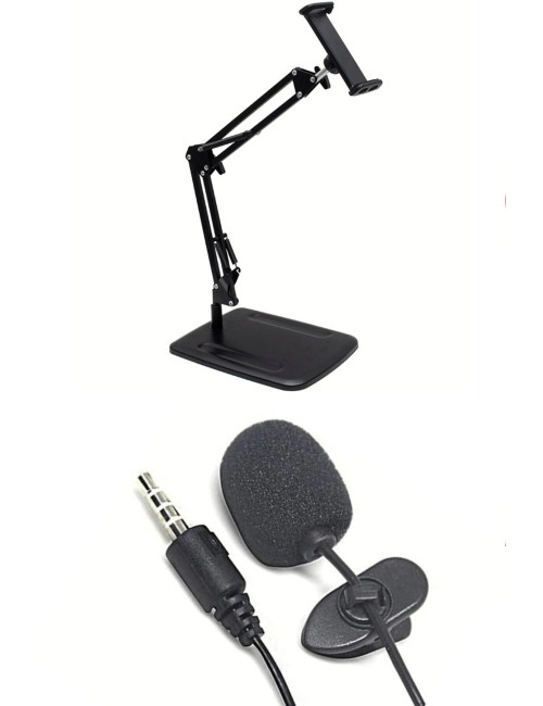 Acrobatic Metal Height Adjustable Cell Phone Tablet Stand + Phone Compatible Youtuber Lapel Microphone