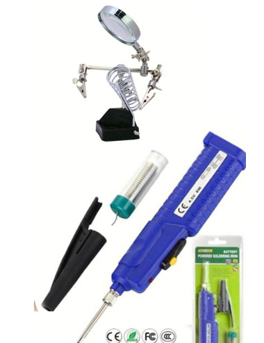 Desktop Soldering Iron Stand with Magnifying Glass + Solder Wire + Battery-Powered Pen Soldering Iron Tool Kit